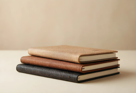 Productivity and organization, stack of three textured leather notebooks for planning and journaling on a neutral background for professional stationery