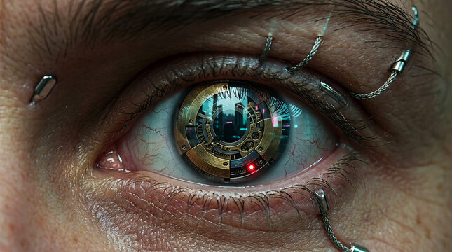 Futuristic cybernetic human eye with bionic implants and digital cityscape reflection showcasing advanced technology and artificial intelligence