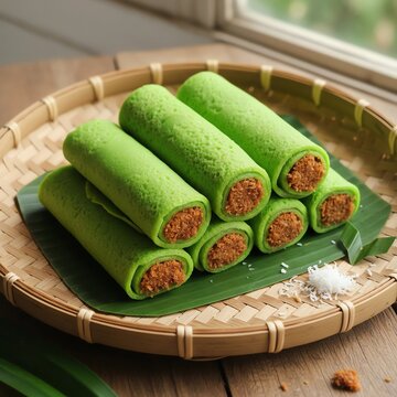 Traditional Indonesian Dadar Gulung Pandan Crepes