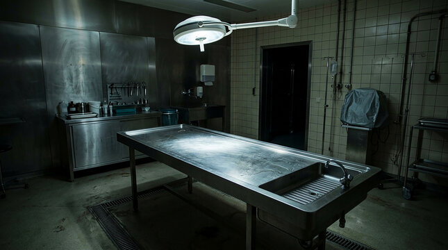 Empty mortuary examination room with autopsy table and surgical light sterile eerie atmosphere forensic medical science facility