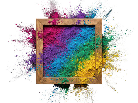 Colorful powder explosion inside a wooden frame isolated on transparent background