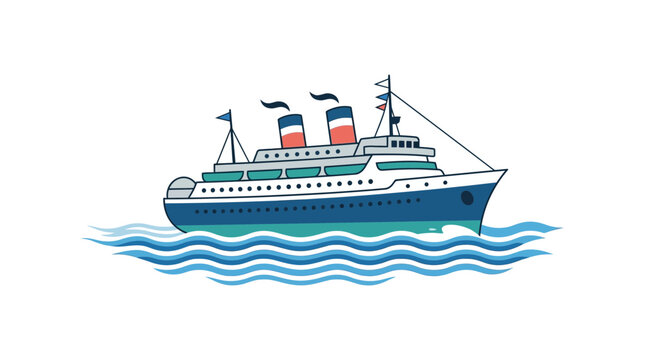 Large ocean liner cruise ship sailing on blue waves.