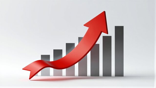 Red arrow soaring above gray bars, symbolizing upward growth and positive trends.