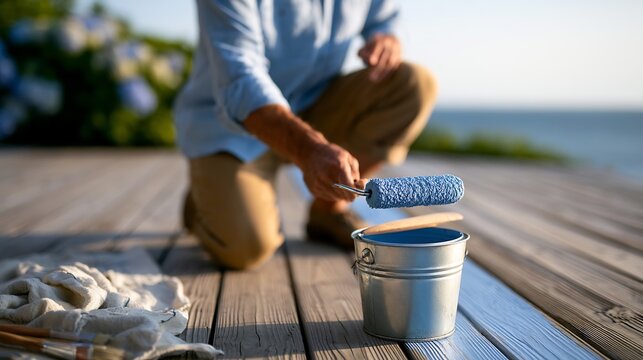 Man painting outdoor wooden deck with light blue paint near the sea for summer maintenance