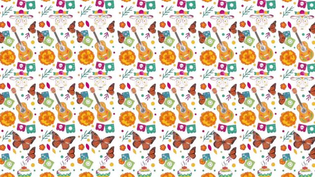 Animated Seamless Dia de los Muertos Calavera Pattern with Colorful Skulls, Flowers and Mexican Folk Decorations for Festive Backgrounds