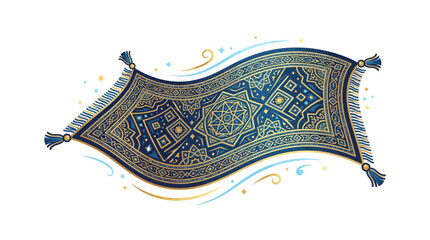 Obraz premium Ornate blue magic carpet with gold patterns flying.