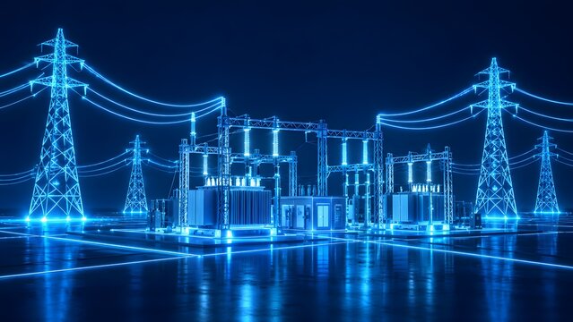 Glowing electrical substation concept with high voltage transformers and power pylons on digital reflective surface