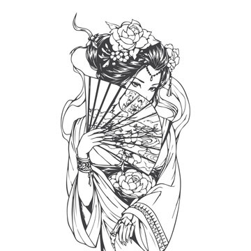 Japanese geisha and samurai anime girl portraits dark fantasy line art vector illustration