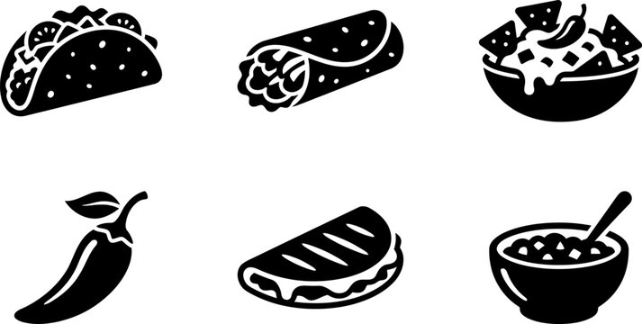 Black silhouette icons of Mexican food like tacos burritos and nachos