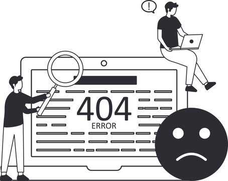 404 Error page not found concept with men troubleshooting a website problem. System failure, broken link, technical support, internet issue, connection lost, sad emoticon.