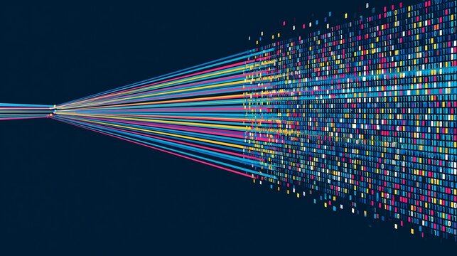 Abstract big data visualization with colorful light beams transforming into binary code representing fast fiber optic transmission, high-speed networking, and cyber information flow.