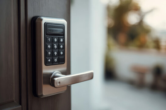 Close-up of electronic keypad smart lock on wooden apartment door in Creative Studio Setting