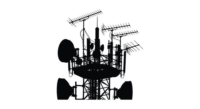 Cell tower with multiple antennas and satellite dishes is a dark silhouette