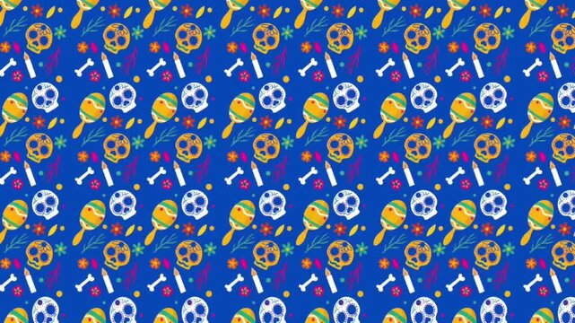 Animated Seamless Dia de los Muertos Skull Pattern with Colorful Calaveras, Marigolds and Mexican Folk Motifs for Decorative Backgrounds