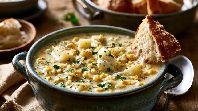 Creamy smoked haddock chowder with potatoes and sweet corn, cozy winter comfort food, rustic table setting