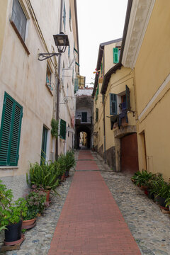 Pedestrian street in the old town of Ventimiglia, seaside city on the Ligurian Riviera near the French-Italian border
