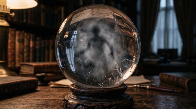 Magical crystal ball with mystical smoke and silhouette inside on a dark wooden table in an old vintage library