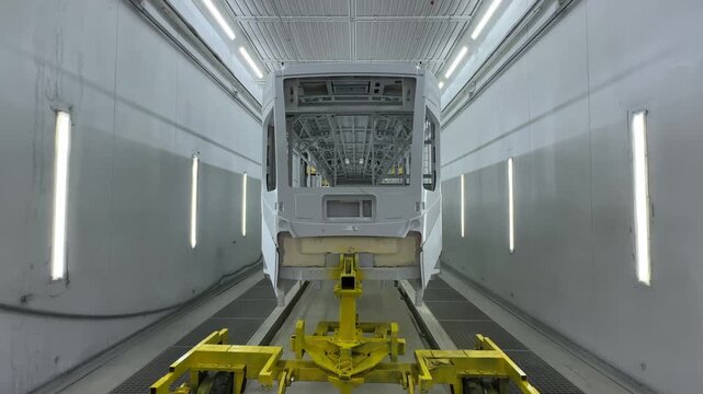 Spray paint shop for tram carriages. Train Paint Booth Painting Chamber For Railway Carriage. Railway Paint Both. Inside of rail car assembly plant, paint shop. Tram workshop production. 
