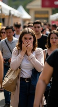 Shocked woman covering mouth in dense crowd on busy street. Vertical view of shopper experiencing stress in public
