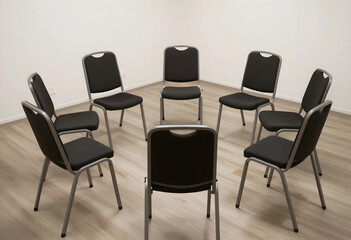 Fototapeta premium Group therapy and support circle, empty chairs arranged in a ring for counseling session or corporate team meeting in a minimalist room with wood floor