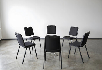 Fototapeta premium Group therapy and support circle empty chairs arranged in a ring for team collaboration communication and mental health discussion in a modern office