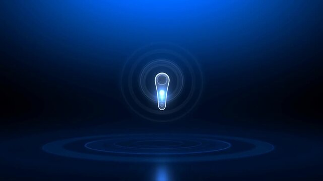 Glowing Location Pin Icon Emitting Concentric Waves on Blue Tech Studio Floor