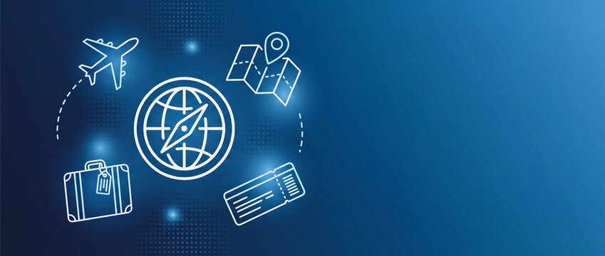 World Travel Icons Banner with Globe Compass and Ticket