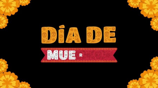 Animated Dia de los Muertos Floral Frame with Bright Marigold Flowers and Decorative Mexican Elements on a Black Background