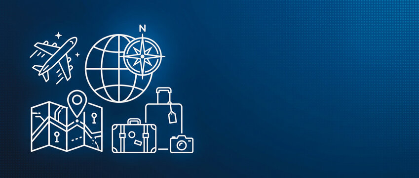 Travel Icons Banner with Airplane Globe Map and Luggage