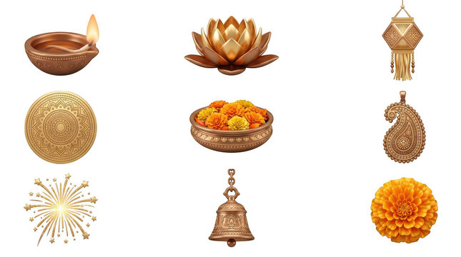 Set of 3d diwali festival elements including oil lamps, lotus, marigold flowers, lantern, bell, and fireworks isolated on transparent background