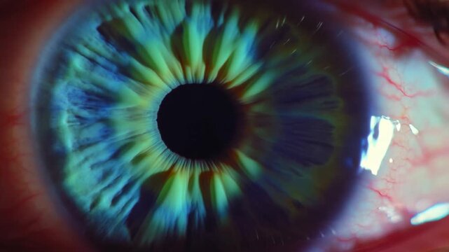 Extreme closeup of blue green human eye with detailed iris and visible blood vessels