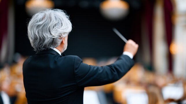 Distinguished male conductor directing a professional symphony orchestra in a grand concert hall setting