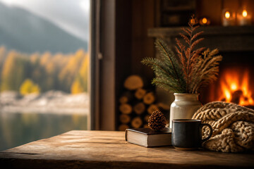 Obraz premium A rustic wooden table holds a book, mug, and pine arrangement near a fireplace with a wintery outdoor view.