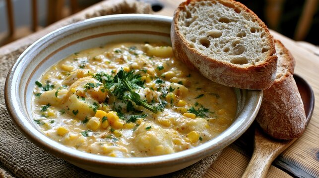 Creamy smoked haddock chowder with potatoes and sweet corn, cozy winter comfort food, rustic table setting