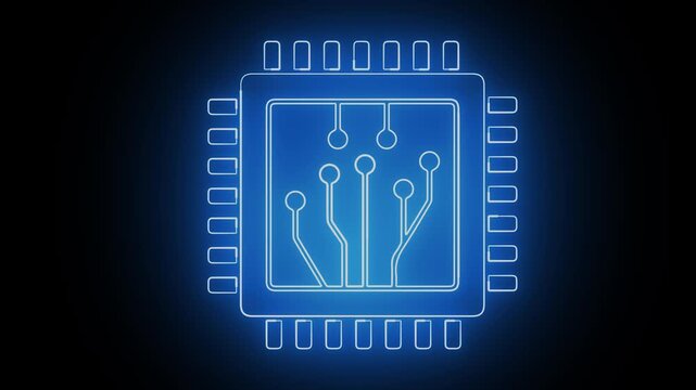 glowing microchip processor with neon circuit lines on dark futuristic background.processing, and artificial intelligence in a sleek, abstract animation