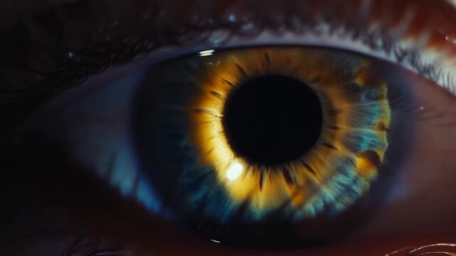 Human eye with amber iris and black pupil in extreme closeup, eyelashes visible