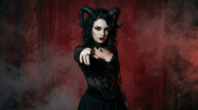 Gothic demon woman with black horns and red eyes pointing at the viewer in a dramatic Halloween fantasy portrait