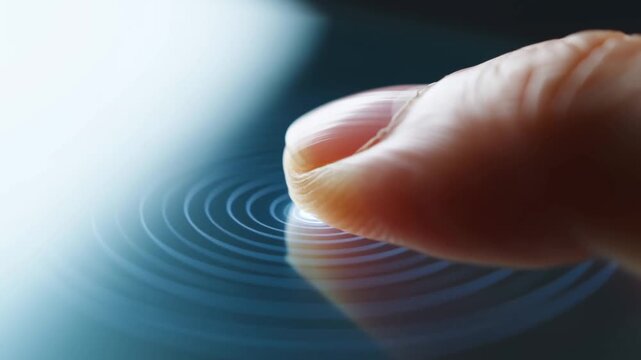 Human Finger Approaching Glowing Digital Point on Touchscreen Interface Close Up