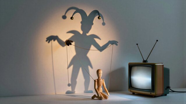 Shadow jester puppeteer controls tiny figure beside vintage TV.