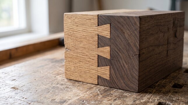 Close up of a wooden dovetail joint on a workbench