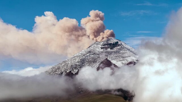 Cotopaxi Volcano, Ecuador, erupting, 12th of May 2023, Time lapse.. Volcanic ash is erupting from the crater. At 5897m altitude one of the world's highest active volcanoes.