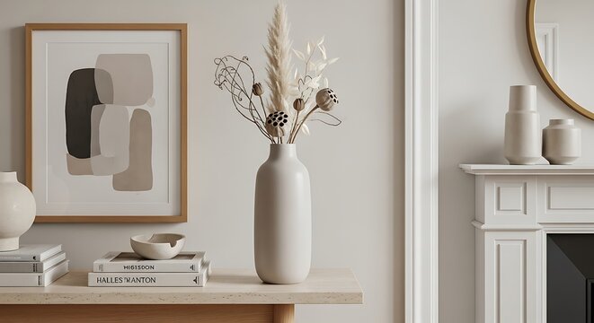 Modern living room console table with dried flowers in vase and abstract art