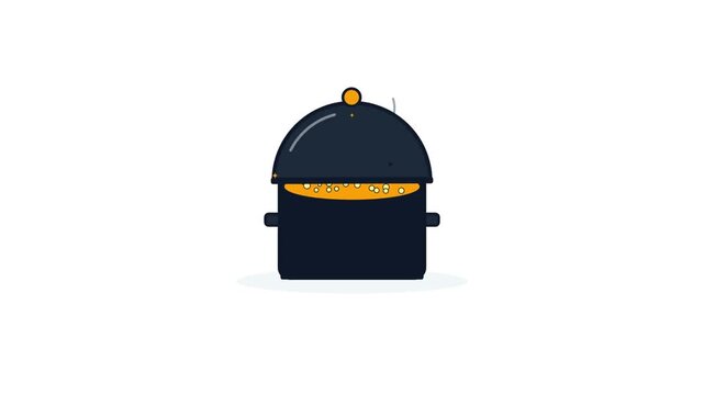 Three dark pots with steaming yellow liquid and lids closing in a minimalist flat design with lids descending close pots against plain white background