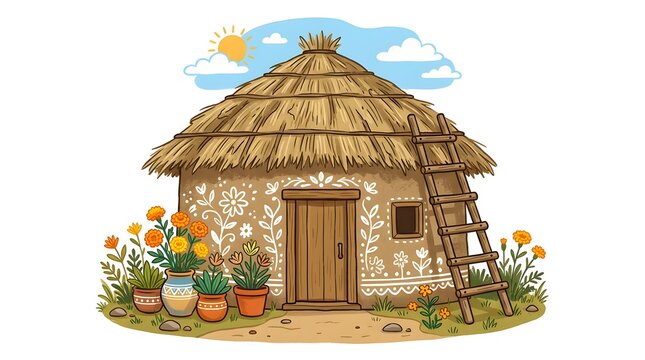 Traditional Decorated Clay Mud Hut Vector Illustration Featuring Straw Roof Wall Painting Flower Pots and Wooden Ladder