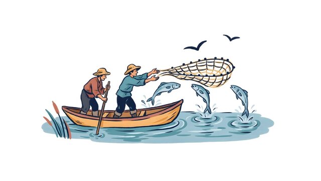 Fishermen Catching Fish Vector Illustration Featuring Wooden Boat Throwing Fishing Net Jumping Fish and Birds