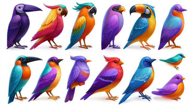 Colorful collection of cartoon-style birds in vibrant hues showcasing diversity.