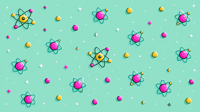 Colorful atomic patterns with pink, green, and yellow on a teal background.
