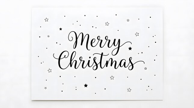 Minimalist merry christmas greeting card design with elegant black calligraphy lettering and scattered stars isolated on white background