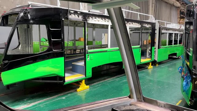 Plant for production of trams, buses and trolleybuses. BKM HOLDING is leading manufacturer of modern urban electric transport. EV puplic transport manufacturing factory. Belarus, Minsk, Aug 8, 2026.