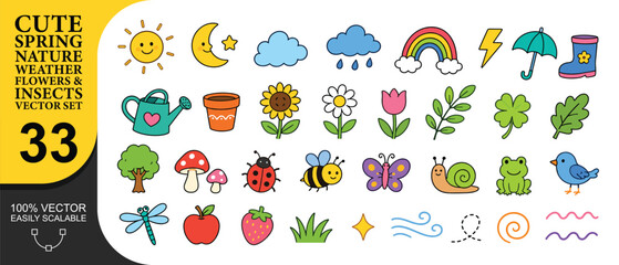 Obraz premium Spring nature and weather icons showing cute colorful flowers insects and climate elements for seasonal designs garden themes and educational graphic resources.